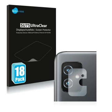 Front side of a product packaging with the brand logo Savvies. Next to it is the device ASUS ZenFone 8 (ONLY Camera Lens) show