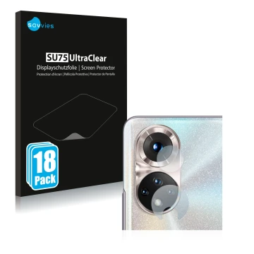 Front side of a product packaging with the brand logo Savvies. Next to it is the device Honor 50 (ONLY Camera Lens) shown with