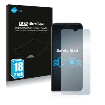 Front side of a product packaging with the brand logo Savvies. Next to it is the device Motorola Defy 2021 shown with the corr