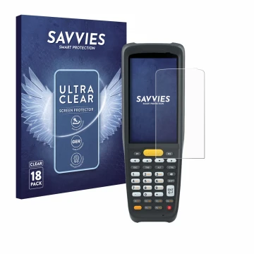 Front side of a product packaging with the brand logo Savvies. Next to it is the device Zebra MC2200 shown with the correspond