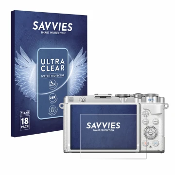 Front side of a product packaging with the brand logo Savvies. Next to it is the device Olympus PEN E-P7 shown with the corres