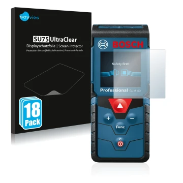 Front side of a product packaging with the brand logo Savvies. Next to it is the device Bosch GLM 40 Professional shown with t