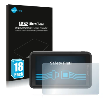 Front side of a product packaging with the brand logo Savvies. Next to it is the device Desview R5 5.5