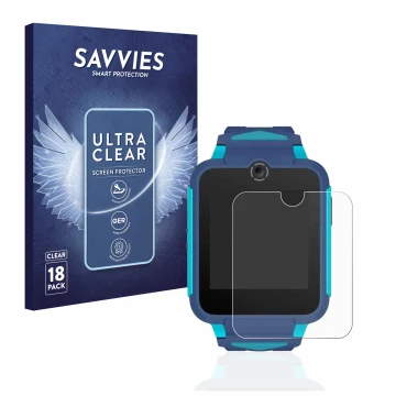 Front side of a product packaging with the brand logo Savvies. Next to it is the device TCL Movetime Family Watch 2 shown with