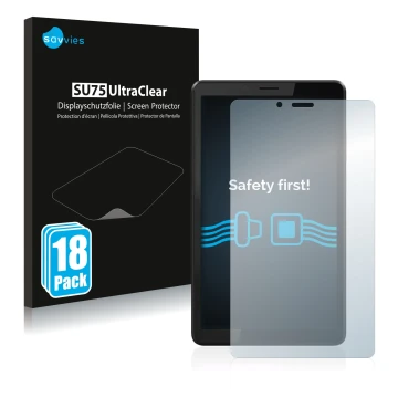 Front side of a product packaging with the brand logo Savvies. Next to it is the device Lenovo Tab M7 (3th Gen.) shown with th