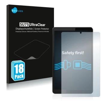 Front side of a product packaging with the brand logo Savvies. Next to it is the device Lenovo Tab M8 (3th Gen.) shown with th