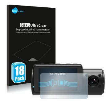 Front side of a product packaging with the brand logo Savvies. Next to it is the device Vantrue N4 shown with the correspondin