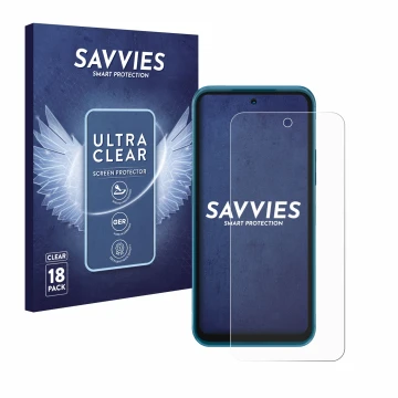 Front side of a product packaging with the brand logo Savvies. Next to it is the device Nokia XR20 shown with the correspondin