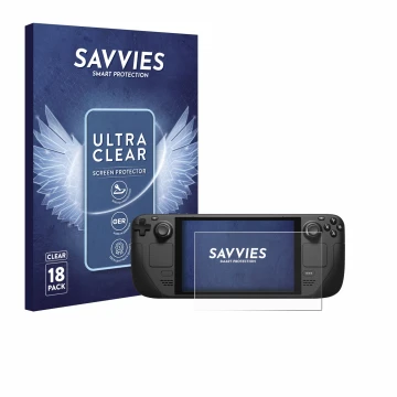 Front side of a product packaging with the brand logo Savvies. Next to it is the device Valve Steam Deck shown with the corres