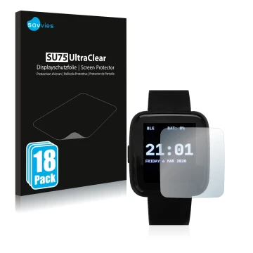 Front side of a product packaging with the brand logo Savvies. Next to it is the device Pine64 PineTime shown with the corresp