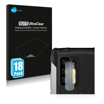 Front side of a product packaging with the brand logo Savvies. Next to it is the device Ulefone Power Armor 13 (ONLY Camera Le