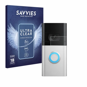 Front side of a product packaging with the brand logo Savvies. Next to it is the device Ring Video Doorbell 4 shown with the c