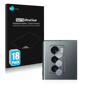 Front side of a product packaging with the brand logo Savvies. Next to it is the device LG Wing (ONLY Camera Lens) shown with 