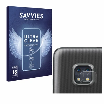 Front side of a product packaging with the brand logo Savvies. Next to it is the device Nokia XR20 (ONLY Camera Lens) shown wi
