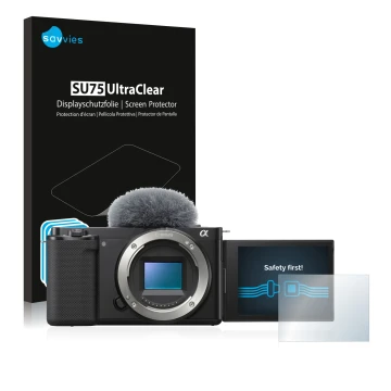 Front side of a product packaging with the brand logo Savvies. Next to it is the device Sony Alpha ZV-E10 shown with the corre