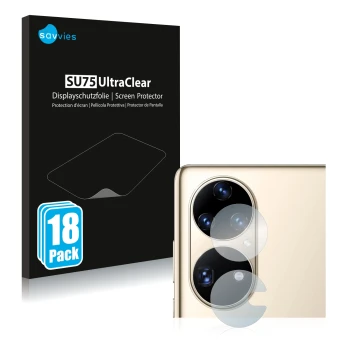 Front side of a product packaging with the brand logo Savvies. Next to it is the device Huawei P50 Pro (ONLY Camera Lens) show