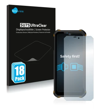 Front side of a product packaging with the brand logo Savvies. Next to it is the device Oukitel WP15 5G shown with the corresp