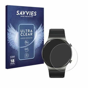 Front side of a product packaging with the brand logo Savvies. Next to it is the device Huawei Watch GT 2 Pro ECG shown with t