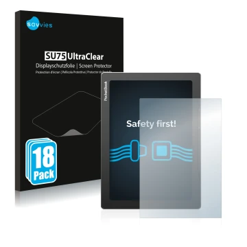 Front side of a product packaging with the brand logo Savvies. Next to it is the device PocketBook InkPad Lite shown with the 