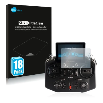 Front side of a product packaging with the brand logo Savvies. Next to it is the device FrSky Tandem X20 shown with the corres