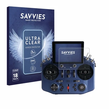 Front side of a product packaging with the brand logo Savvies. Next to it is the device FrSky Tandem X20S shown with the corre