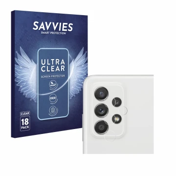 Front side of a product packaging with the brand logo Savvies. Next to it is the device Samsung Galaxy A52s 5G (ONLY Camera Le