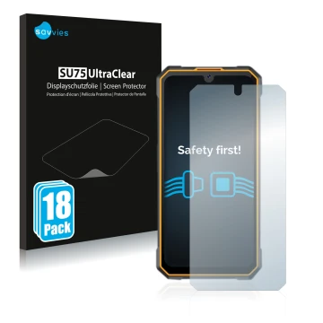 Front side of a product packaging with the brand logo Savvies. Next to it is the device Cubot King Kong 5 shown with the corre