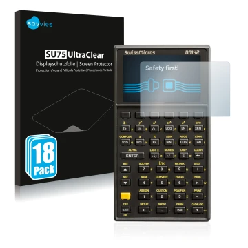 Front side of a product packaging with the brand logo Savvies. Next to it is the device SwissMicros DM42 shown with the corres