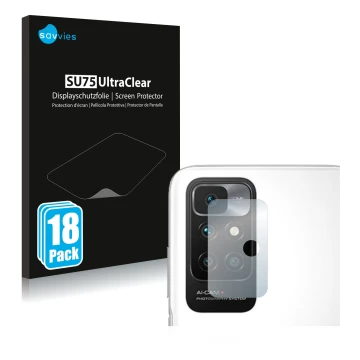 Front side of a product packaging with the brand logo Savvies. Next to it is the device Xiaomi Redmi 10 (ONLY Camera Lens) sho