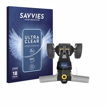 Front side of a product packaging with the brand logo Savvies. Next to it is the device PowaKaddy CT6 GPS shown with the corre