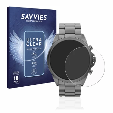 Front side of a product packaging with the brand logo Savvies. Next to it is the device Fossil Gen 6 (44mm) shown with the cor