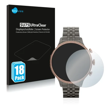 Front side of a product packaging with the brand logo Savvies. Next to it is the device Fossil Gen 6 (42mm) shown with the cor