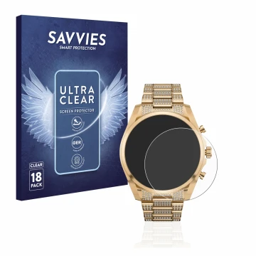 Front side of a product packaging with the brand logo Savvies. Next to it is the device Michael Kors Access Gen 6 Bradshaw sho