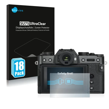 Front side of a product packaging with the brand logo Savvies. Next to it is the device Fujifilm X-T30 ll shown with the corre