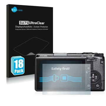 Front side of a product packaging with the brand logo Savvies. Next to it is the device Ricoh GR IIIx shown with the correspon