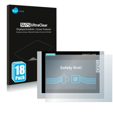 Front side of a product packaging with the brand logo Savvies. Next to it is the device Siemens Simatic HMI TP700 Comfort show