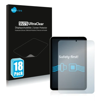 Front side of a product packaging with the brand logo Savvies. Next to it is the device Apple iPad Mini 6 2021 shown with the 