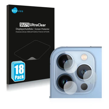 Front side of a product packaging with the brand logo Savvies. Next to it is the device Apple iPhone 13 Pro (ONLY Camera Lens)