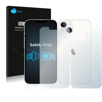 Front side of a product packaging with the brand logo Savvies. Next to it is the device Apple iPhone 13 (Front+Back) shown wit