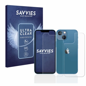 Front side of a product packaging with the brand logo Savvies. Next to it is the device Apple iPhone 13 mini (Front+Back) show
