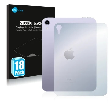Front side of a product packaging with the brand logo Savvies. Next to it is the device Apple iPad Mini 6 2021 (6th. Gen., Bac