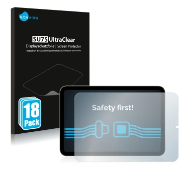 Front side of a product packaging with the brand logo Savvies. Next to it is the device Apple iPad Mini 6 2021 (Landscape, 6nd