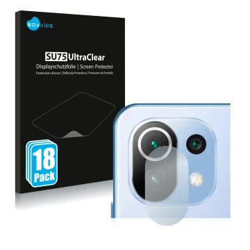 Front side of a product packaging with the brand logo Savvies. Next to it is the device Xiaomi 11 Lite 5G NE (ONLY Camera Lens