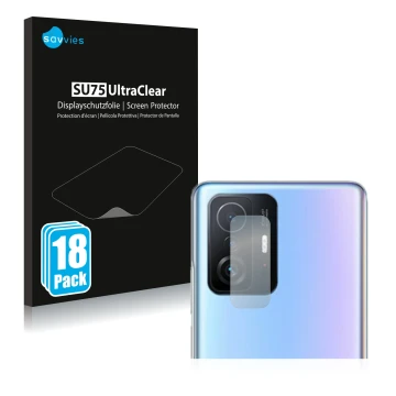 Front side of a product packaging with the brand logo Savvies. Next to it is the device Xiaomi 11T Pro (ONLY Camera Lens) show