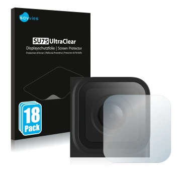 Front side of a product packaging with the brand logo Savvies. Next to it is the device GoPro Hero 10 Black Lens (housing) sho