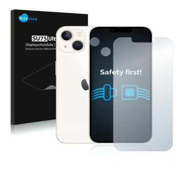Front side of a product packaging with the brand logo Savvies. Next to it is the device Apple iPhone 13 (Front+Camera) shown w