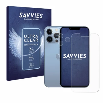 Front side of a product packaging with the brand logo Savvies. Next to it is the device Apple iPhone 13 Pro (Front+Camera) sho