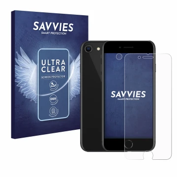 Front side of a product packaging with the brand logo Savvies. Next to it is the device Apple iPhone SE 2 2020 (Front+Camera) 