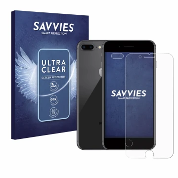 Front side of a product packaging with the brand logo Savvies. Next to it is the device Apple iPhone 8 Plus (Front+Camera) sho