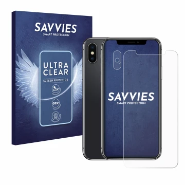 Front side of a product packaging with the brand logo Savvies. Next to it is the device Apple iPhone X (Front+Camera) shown wi